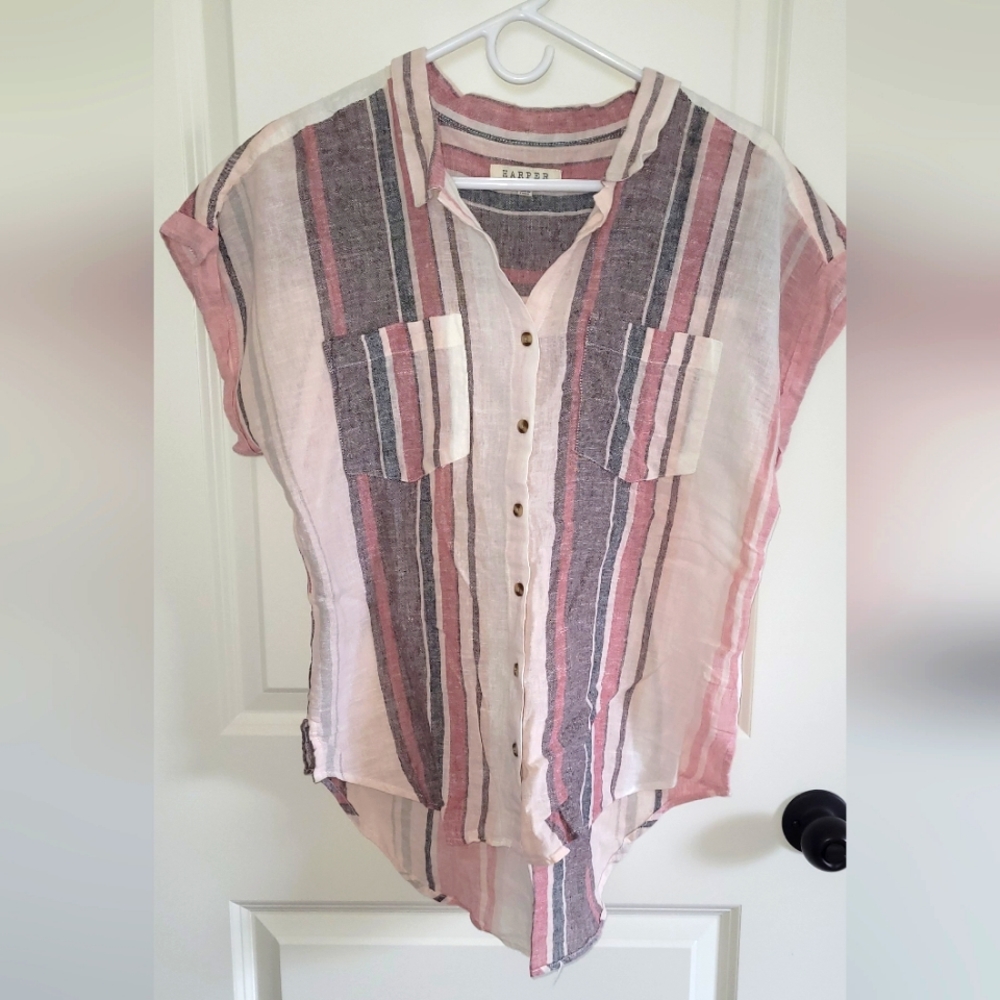 Striped Linen Short-sleeve Blouse size M